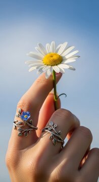 Hand Holding Daisy with Leafy Rings, Blue Sky Background, Artistic Composition.