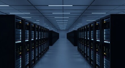 Fototapeta premium Server room filled with rows of computing hardware in a sleek, modern data center environment at night