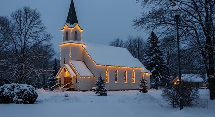 Winter Church Scene with Snow and Lights.