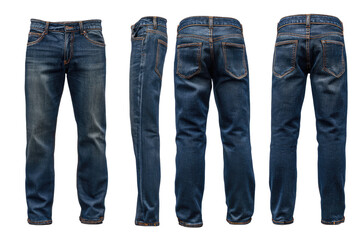 Full view of a pair of dark wash jeans, front and back