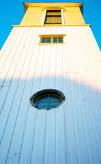 Close up of a bell tower on a church in Melbu