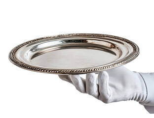 A polished silver platter held by a gloved hand