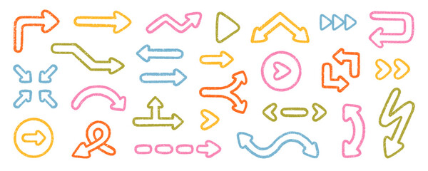 Chalk pencil arrows doodle set. Charcoal childish scribble direction pointers in sketch style. Crayon and Grunge texture. Hand drawn vector illustration isolated on white background