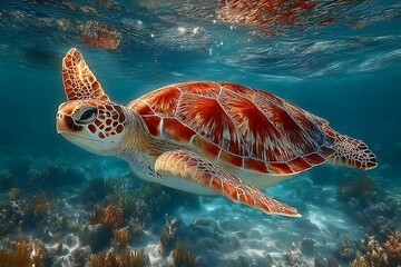 Graceful sea turtle underwater in ocean high resolution image
