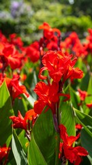 Fototapeta premium Vibrant red flowers in a garden