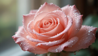 Pink Rose with Water Droplets A Delicate Floral Beauty.