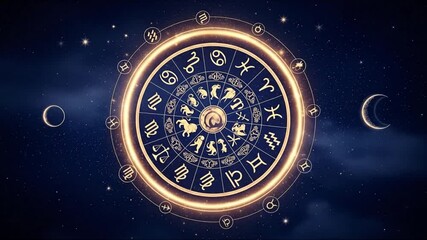 A golden zodiac wheel illustration set against a starry night sky with moons.