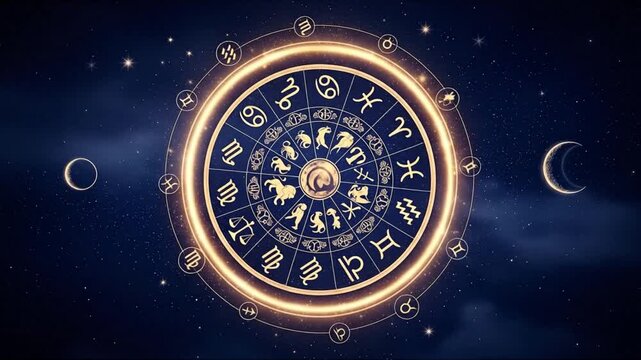 A golden zodiac wheel illustration set against a starry night sky with moons.
