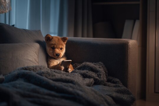 Puppy in the dark: a smartphone adventure unfolds. Graph analysis decline. The graph? downward arrow highlights serious financial decline. Performance drop causes. Nighttime puppy.