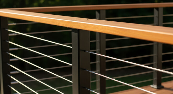 Modern Deck Railing System with Horizontal Cable Infill and Wood Top Rail