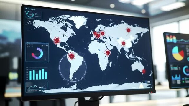 Real-time outbreak dashboard with world map and pulsing virus markers