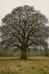Obraz premium Majestic Ancient Oak Tree Stands Tall in a Golden Field Against a Hazy Sky