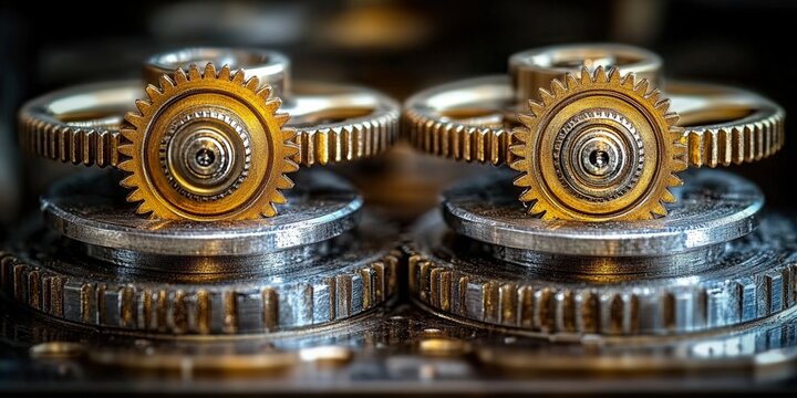 A detailed close-up of golden and metallic clockwork gears in a vintage design.
