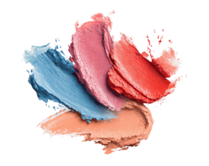 Swirling swatches of vibrant lip color.  Four shades of lipstick, blush, or lip gloss, in light blue,  coral, pale rose, and peach, are swirled and blended together in an abstract pattern   