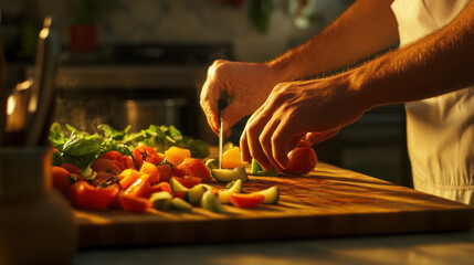 Chef's Precision in the Kitchen: Close-up shot of a chef's hands meticulously slicing fresh vegetables on a wooden cutting board in a warmly lit kitchen. Emphasizing the art of culinary expertise.