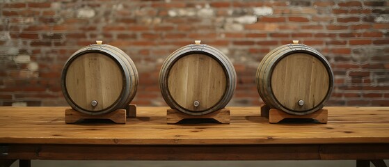 Three Small Wooden Barrels on Rustic Table Against Brick Wall