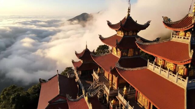 Ancient buddhist temple perched on a misty mountain peak at sunrise