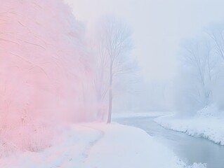 Serene Winter River Path Snowy Trees Pastel Landscape