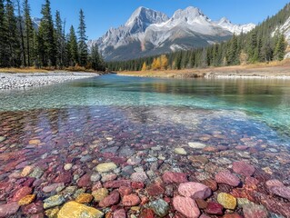 Crystal Clear River with Colorful Stones and Majestic Mountain Background