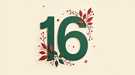 Minimalist Mexican Independence Day poster with number 16 and festive decorations red, green and white geometric accents and subtle papel picado pattern