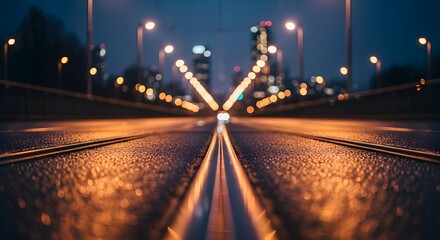Fototapeta premium Wet Asphalt Road Reflecting City Lights at Dusk Traveling Towards Distant Buildings