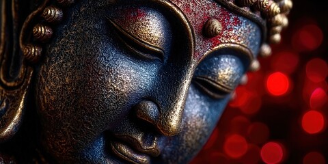Obraz premium Intricate detail of a Buddha statue, showcasing serene expression and rich textures.