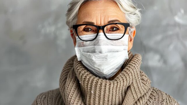Protective Gaze: A senior lady, her eyes gleaming with kindness behind spectacles, donning a protective mask, offering a gentle reminder of care.