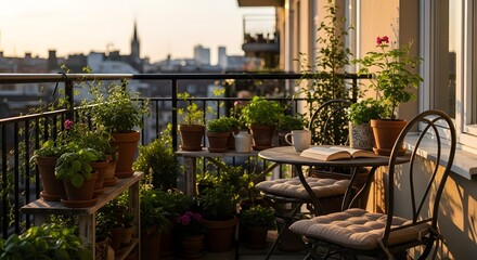 Cozy balcony oasis with blooming plants and a small seating area at sunset