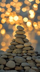 Serene Stacked Stones at Sunset Bokeh Background