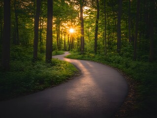 Sunset Winding Path Forest Road Scenic Nature Walk