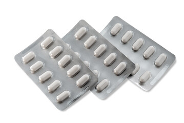 Ibuprofen coated tablets in blister packs, medicine for treating inflammation, pain, and fever. Isolated