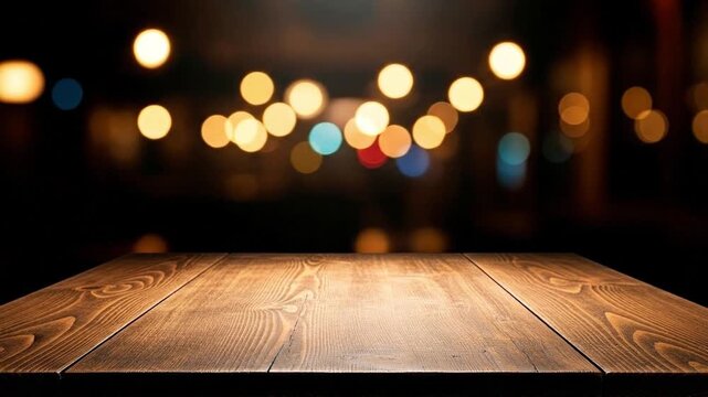 A rustic wooden table with blurred lights in the background, perfect for product placement or menu presentation.