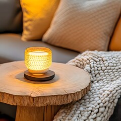 Cozy Home Decor, Illuminated Glass Candle on Wooden Table