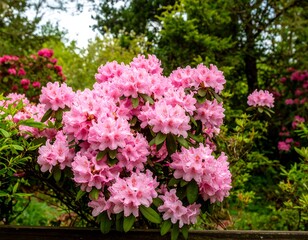 Lush pink rhododendron blossoms in full bloom, set against a backdrop of verdant foliage