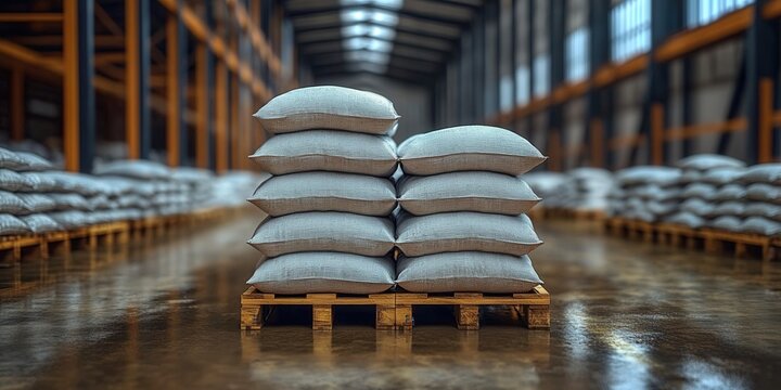 A stack of bags rests on a wooden pallet inside a vast warehouse, ready for distribution.