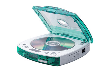 Teal portable CD player with open tray.  Compact, transparent, and modern device with a visible CD inside the open tray.  White base with teal accents
