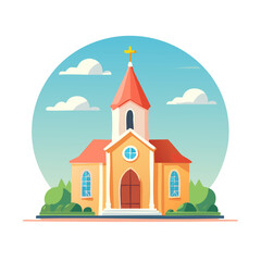 Naklejka premium Charming Church Building with Cross Tower and Blue Sky Vector Illustration