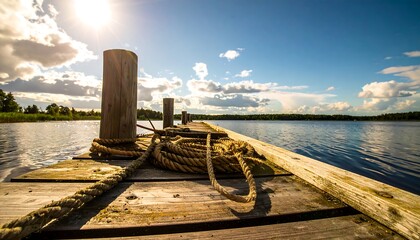 Obraz premium Wooden dock on lake, sunny day