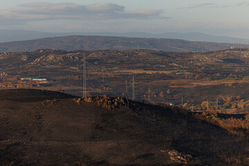 Cualedro, Galicia, Spain - September 02th 2025 - Burnt landscape after the wave of wildfires that devastated the southeast of Galicia during the month of August.
