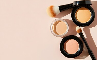 Makeup Cosmetics Flatlay, Powder, Brushes, Beige