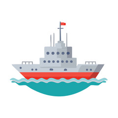 Cartoon illustration of a cruise ship floating on the sea with waves, a red flag and a minimalist design.