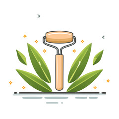 Natural skincare face roller with green leaves, health and wellness illustration