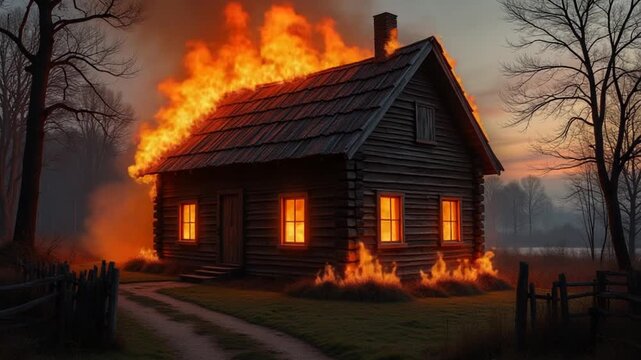 Burning wooden house in old village