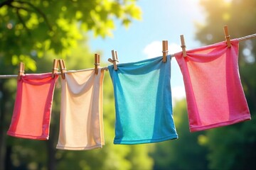 Freshly laundered clothes drying on a clothesline outdoors on a bright sunny day Vibrant colors, gentle breeze, and sparkling clean laundry Perfect for springtime or summer themes , garden, yellow