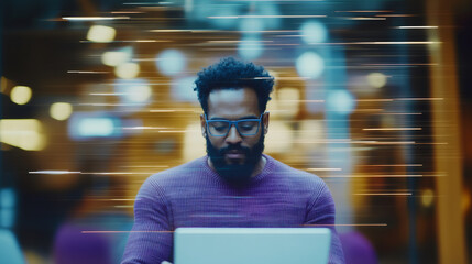 African american man working on laptop with dynamic fast data lines. Internet speed, digital transformation, and futuristic technology concept.