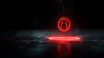 Dark cyberpunk background with a glowing red lock hologram