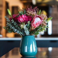Vibrant Pink Protea and Flower Bouquet in Teal Vase