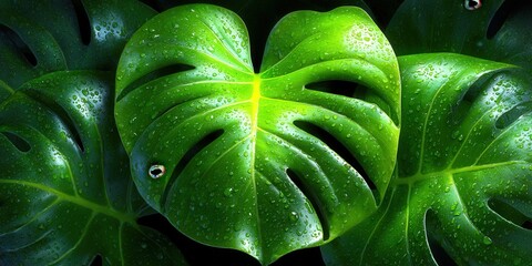 Obraz premium Vibrant green Monstera leaf glistens with water droplets, a symbol of nature's beauty.