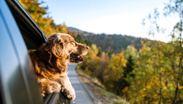 Golden Retriever dog enjoys autumn scenery from car window - Powered by Adobe