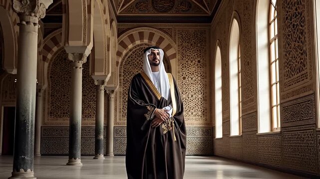 A dignified arab man in traditional formal attire standing inside a grand hall with ornate architecture